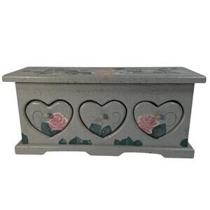 Vintage Wood Painted Jewelry Box Heart Shaped Drawers Lined Roses Hummingbirds